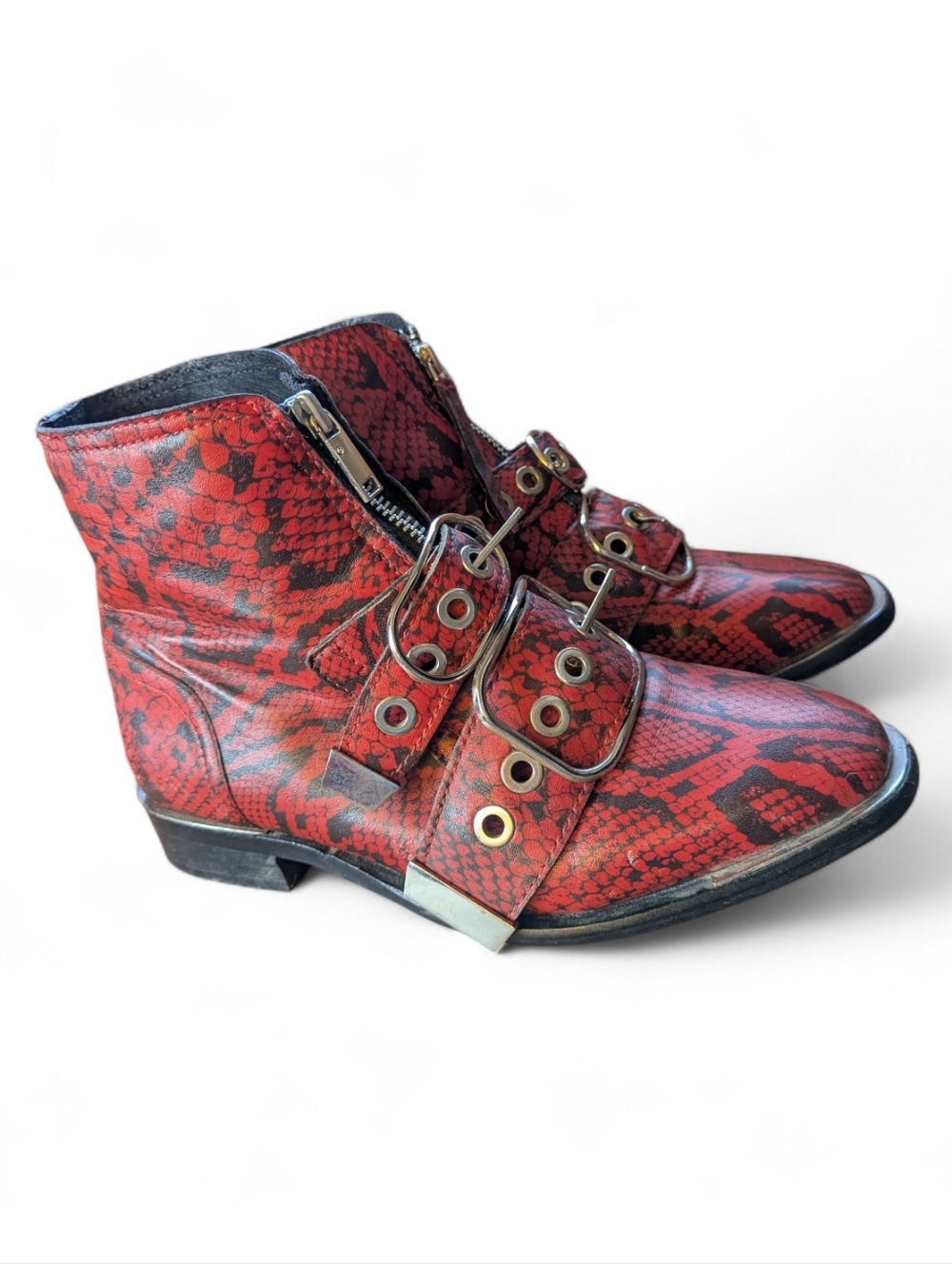 Topshop Red Snakeskin Buckle Ankle Boots EU 38